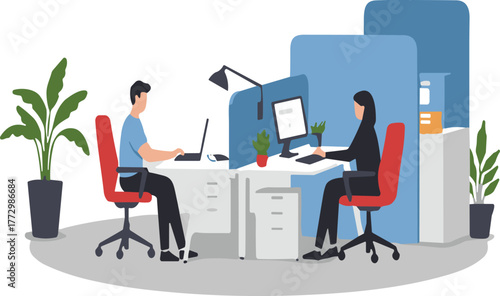 Modern office workspace illustration with employees working on computers, business teamwork concept, professional environment with desks, plants, and computers