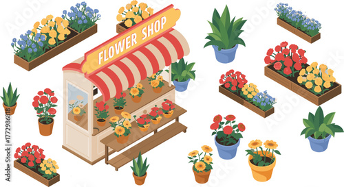 Isometric flower shop market illustration with colorful pots of roses, sunflowers, and plants in outdoor stalls and wooden planters