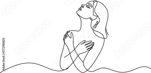 Woman's face and shoulders drawn with single continuous black line