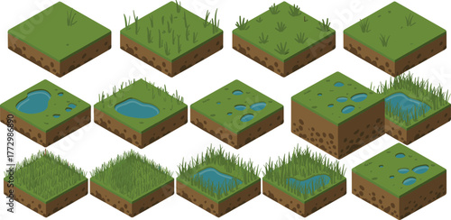 Isometric grass and soil block illustration set showing different terrain textures with water puddles, mud, dirt, and detailed ground layers
