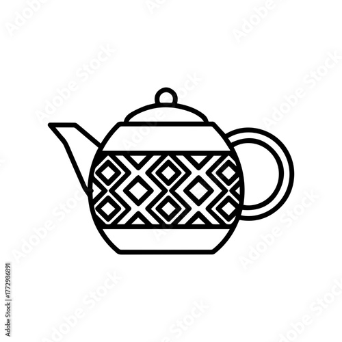 Black outline illustration of a decorative teapot with curved spout and handle, featuring ornate wave and dot patterns, drawn in minimalist style on a clean white background.