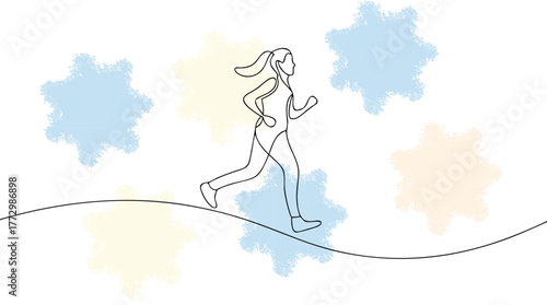 Single Line Drawing Woman Running with Ponytail Headphones jogging sport