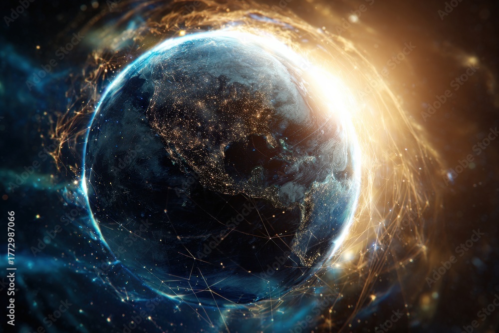 Obraz premium Celestial Orb: Witness the awe-inspiring image of our planet, Earth, suspended in the vast expanse of space, surrounded by celestial energy and light, with continents gently illuminated.
