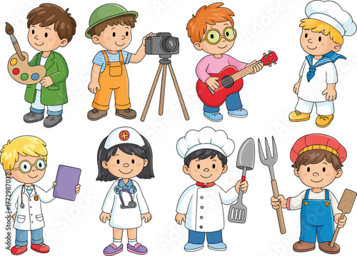 Cute cartoon children dressed in different professions illustration, kids learning about jobs and careers like doctor, artist, sailor, chef, farmer