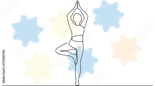 Single Line Drawing Person in Tree Pose Yoga Position with Pastel Splatters meditation