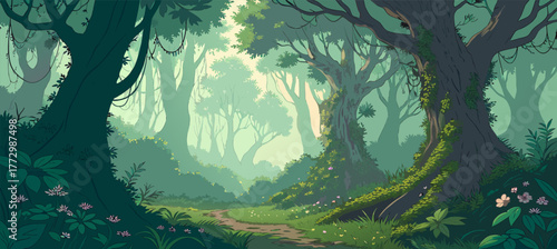 Enchanted Spring Forest Scene, Lush Fairy Tale Atmosphere