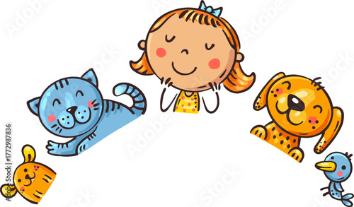 Cute girl with pets. Border, frame or header. Cartoon vector illustration