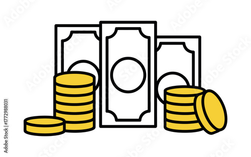 Illustration of stacked coins and banknotes representing financial growth and wealth.