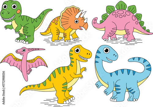 Cute cartoon dinosaurs collection with T-Rex, triceratops, stegosaurus, pterodactyl and brontosaurus, colorful prehistoric animals illustration for kids education