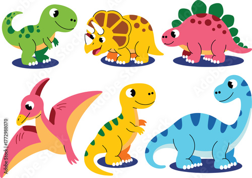 Cute cartoon dinosaurs collection with T-Rex, triceratops, stegosaurus, pterodactyl and brontosaurus, colorful prehistoric animals illustration for kids education