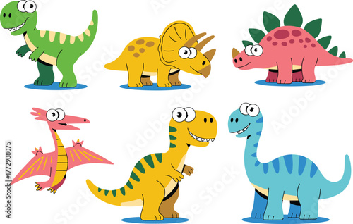 Cute cartoon dinosaurs collection with T-Rex, triceratops, stegosaurus, pterodactyl and brontosaurus, colorful prehistoric animals illustration for kids education