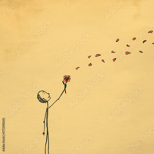 “A minimalist ink sketch depicts a serene stickman holding a small flower with falling petals, set against vintage yellow paper and warm subtle lighting.”