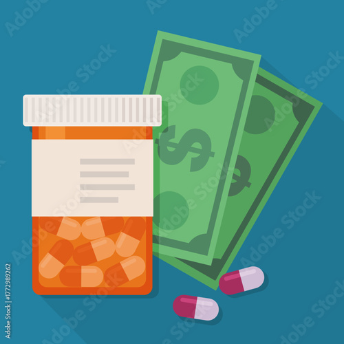 Prescription pill bottle, capsules, and dollar bills. Concept for expensive healthcare, medication costs, or insurance. (cut out)