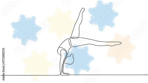 Gymnastics handstand pose one line drawing with colorful abstract shapes athlete sport single line