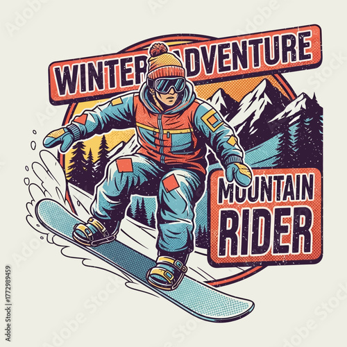 Old-school snowboarder vector illustration with halftone texture, vintage winter adventure design for t-shirt graphic