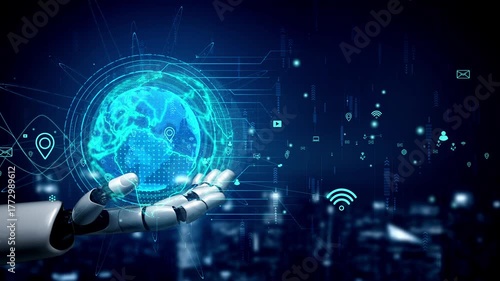 Wallpaper Mural A robotic hand extends toward a glowing digital globe, showcasing data visualization and connectivity in a modern, tech-driven landscape filled with abstract elements. Xenic Torontodigital.ca