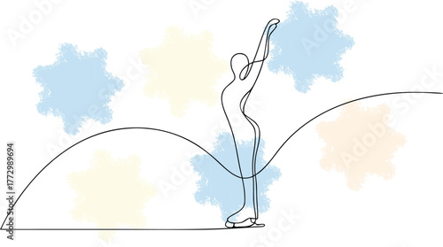 Single Line Drawing Figure Skater Performing with Pastel Splatters