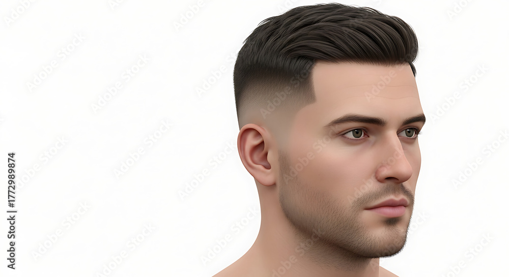 Obraz premium Close up of a man with a fade haircut looking to the right on a white background in a studio shot