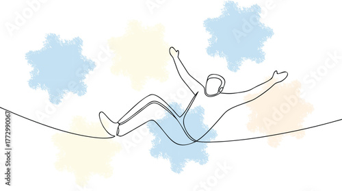 Person balancing tightrope one line drawing with abstract colorful shapes acrobat circus single line
