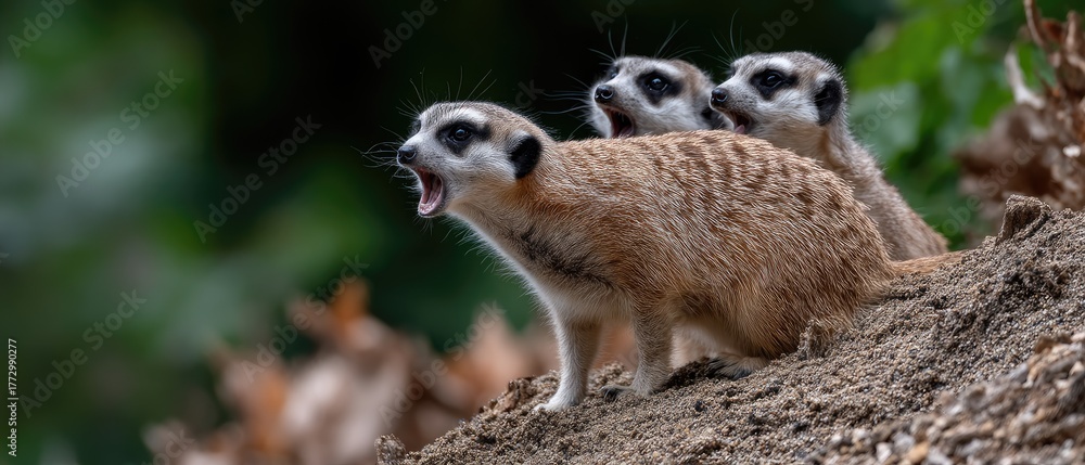 Obraz premium Family of meerkats vocalizing and standing watch in a natural habitat during daylight
