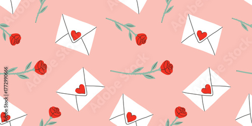 Seamless pattern with Romantic love letter for Valentine's day, pink background. Envelope, letter, heart, flower, rose. 8 March, Mother's day, Valentine's Day background. Textile, wrapping paper.