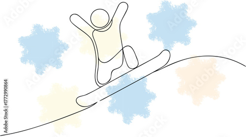 Line art a snowboarder jumping with pastel colored splatters active athlete single line