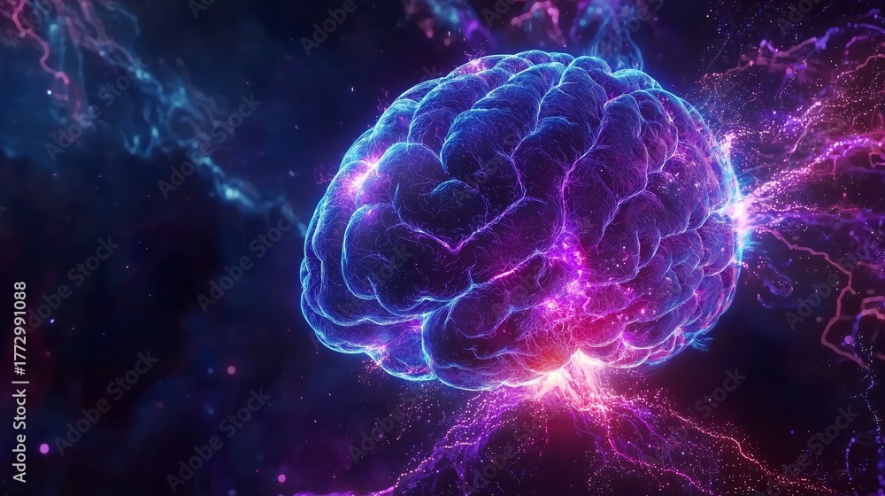 Fototapeta premium Glowing neon brain on a dark background. Electrical discharges, violet-blue lines, particles, digital visualization.