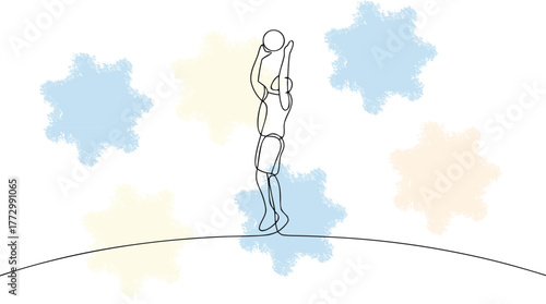 Single Line Drawing Basketball Player Shooting Ball with Pastel Shapes sport
