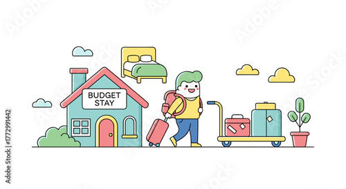 Young traveler walking with suitcase towards Budget accommodations  