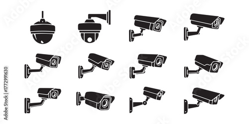 Surveillance camera vector set, black cctv icon collection, wall mount design, security monitoring system, home safety, flat illustration