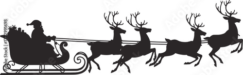 Santa Claus silhouette, flying sleigh with reindeer, Christmas night vector, festive holiday scene, traditional winter artwork, black graphic illustration