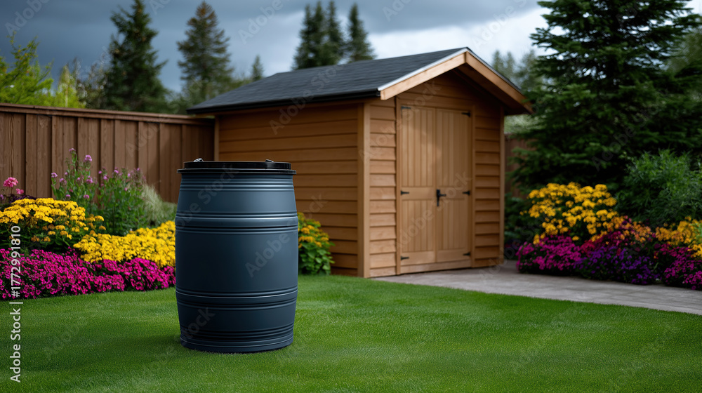 Obraz premium Garden scene with a rain barrel and colorful flowers in summer
