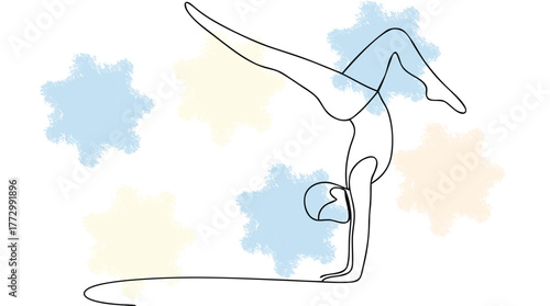 Acrobat Performing Handstand Split Line Art with Colorful Splatters gymnastics flexibility single line