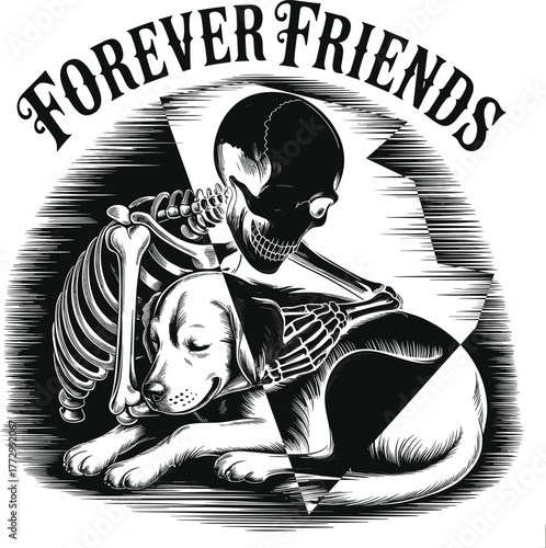 Skeleton hugging dog, forever friends illustration, emotional bond, loyalty beyond death, pet love, gothic art, black and white vector, touching concept