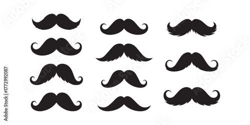 Mustache silhouette icon set in black vector style, diverse facial hair shapes for character design, grooming, fashion, and illustration use