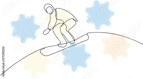 Single Line Drawing a Snowboarder Mid- Jump with Abstract Elements Keywords: snowboarder