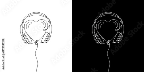 Line art headphones in heart shape on contrasting backgrounds for Valentine's Day, Isolated vector image in line art style, two design options on transparent and black backgrounds.
  