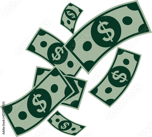 Falling dollar bills symbolize wealth and financial success in a dynamic composition.