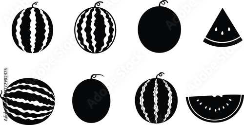 Black and white watermelon vector set, whole and sliced fruit collection, minimalist summer design, tropical fresh fruit illustration art