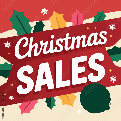 Christmas sales banner with festive decorations and holly leaves