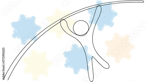 Pole Vaulter Mid- Jump Line Art with Abstract Paint Splatters athlete sport single line