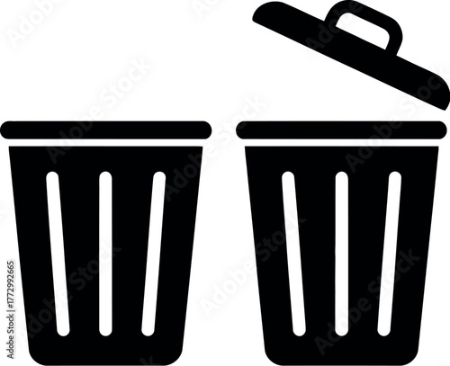 Two black trash cans are shown in a side-by-side composition with one lid open.