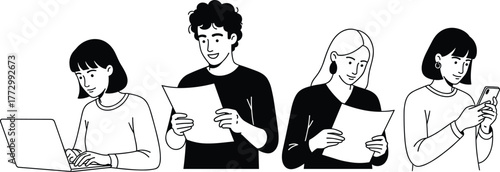 Black-and-White Illustration of People Using Laptop, Paper, and Smartphone Depicting Modern Work and Digital Engagement in Everyday Contexts