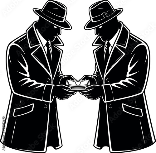 Two shadowy figures in trench coats and fedoras exchange money in a clandestine transaction.