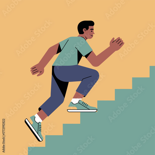 A person runs up a staircase, representing progress and upward mobility.
