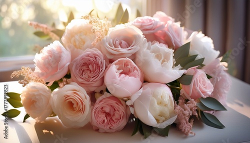 soft pastel bouquet of peonies and roses with glistening petals in early morning light