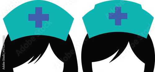 Two nurse caps with blue crosses and black hair illustration