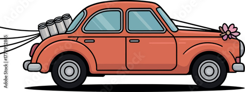 A decorated vintage car is ready for a wedding celebration.