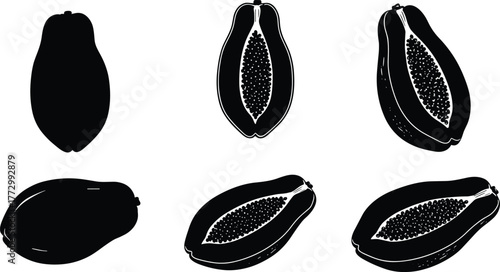 Black and white papaya vector illustrations set, tropical fruit design collection, sliced papaya artwork, exotic fruit silhouette drawing pack