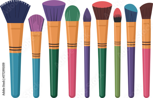 A collection of makeup brushes with colorful bristles and handles is displayed.